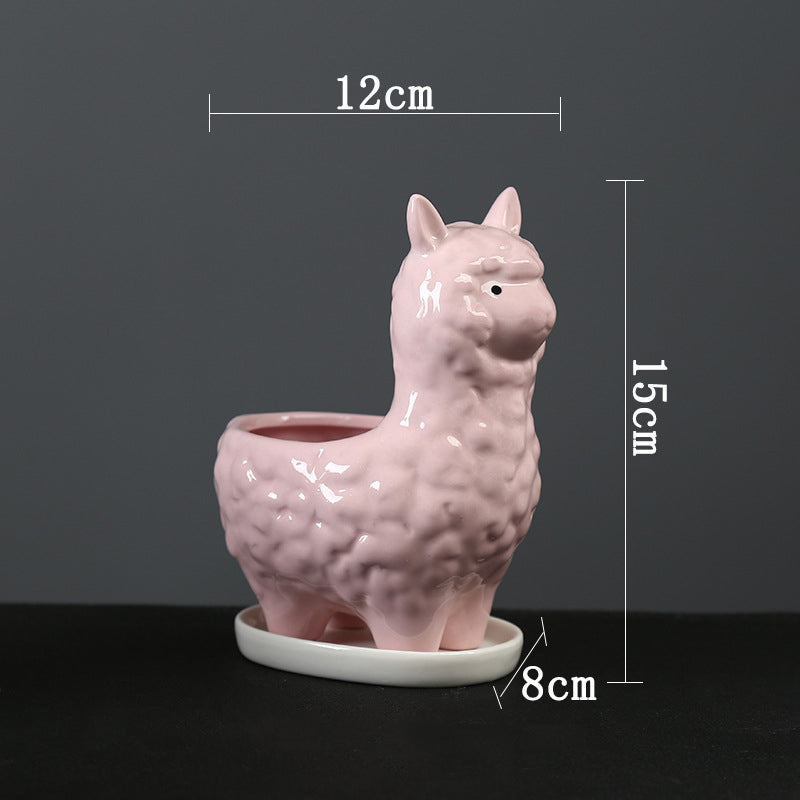 Lovely Pink Alpaca Plant Pot With Tray Creative Indoor Planter Animal Decor