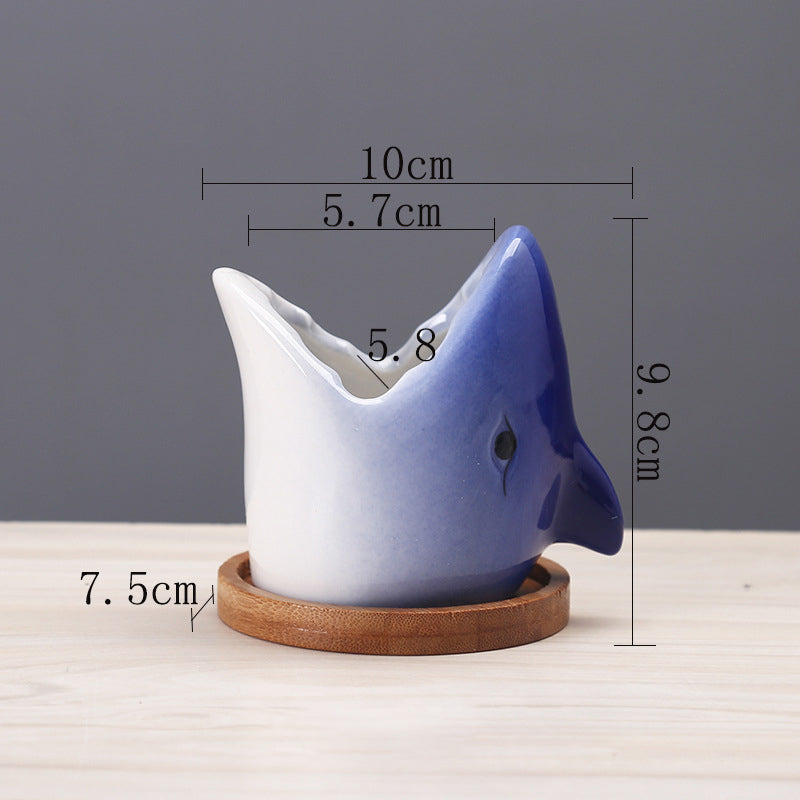 Dark Blue Shark Plant Pot Lovely Succulent Planter Creative Decor