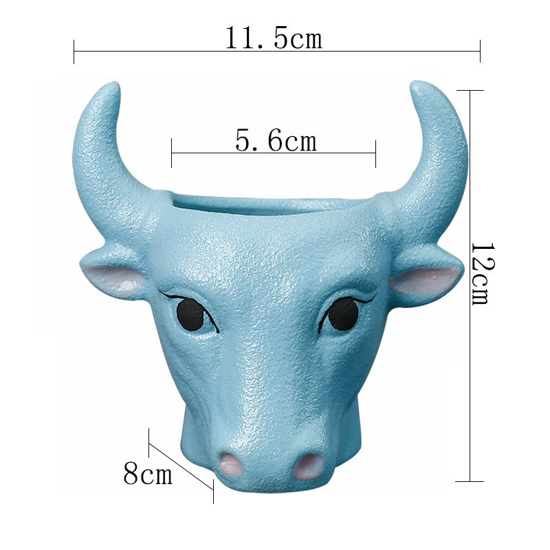 Blue Bull Plant Pot Ornament Indoor Planter Home Garden Decor