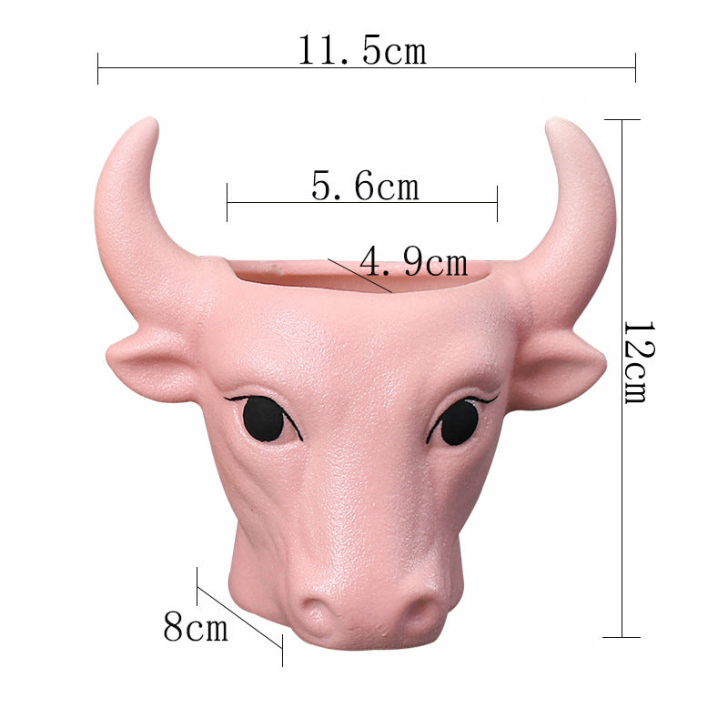 Pink Bull Plant Pot Ornament Indoor Planter Home Garden Decor