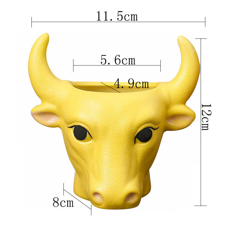 Yellow Bull Plant Pot Ornament Indoor Planter Home Garden Decor