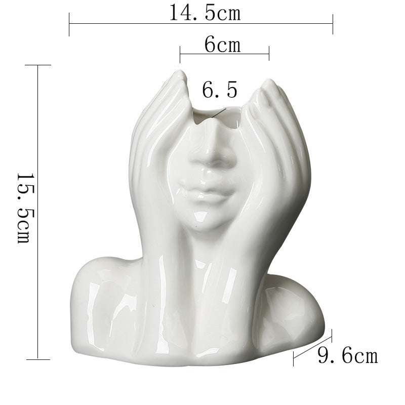 White Bashful Maiden Vase Artistic Face Ceramic Flower Vase